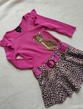 Cute Long Sleeve Leopard Dress | Glitter Cat Belted Dress Ruffles | 3T